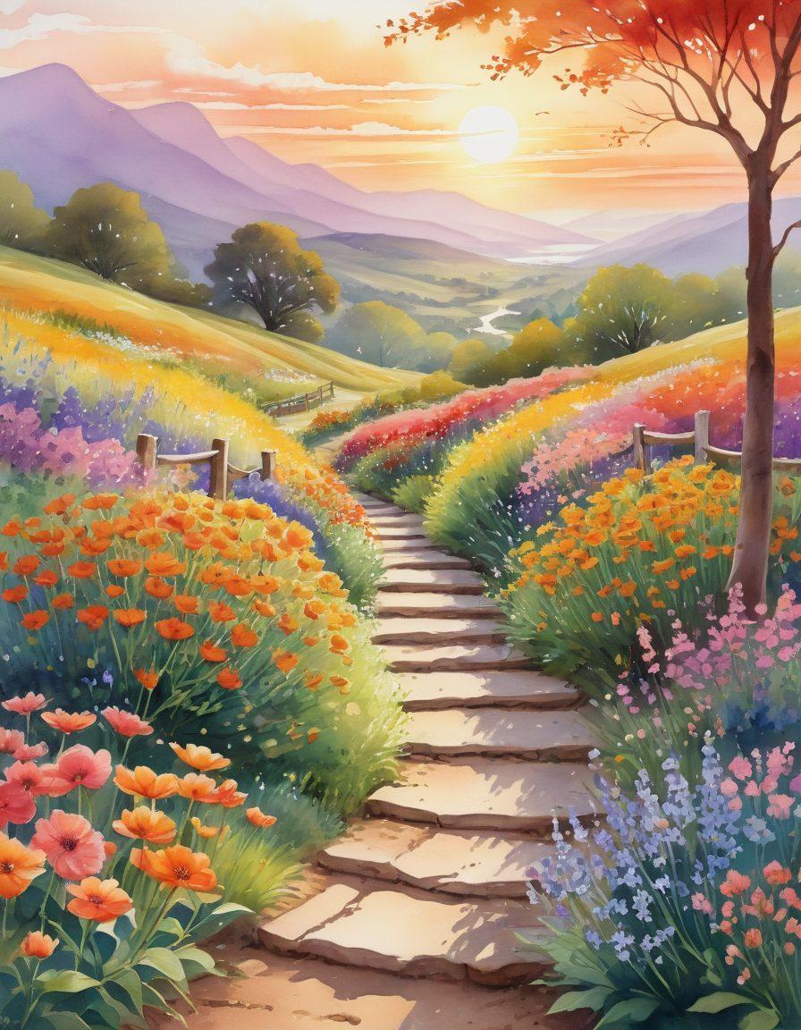 A serene landscape featuring a winding path lined with blooming flowers leading towards a radiant sunrise, symbolizing personal growth and cheerfulness. In the foreground, a diverse group of people engaging in joyful activities like yoga, laughter, and meditation, reflecting well-being and connection. Soft, warm colors to evoke a sense of calm and happiness. watercolor painting style. vibrant colors.