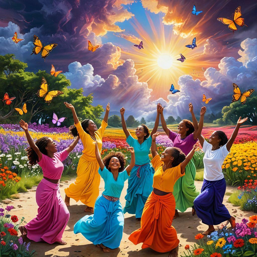 A radiant sun breaking through dark clouds, symbolizing joy and transformation. Diverse people, engaged in uplifting activities like laughter, meditation, and dance, represent unity and growth. Colorful butterflies flutter around, symbolizing change and hope. The background showcases a beautiful landscape filled with blooming flowers and lush greenery, evoking a sense of peace and happiness. bright and cheerful colors. super-realistic.