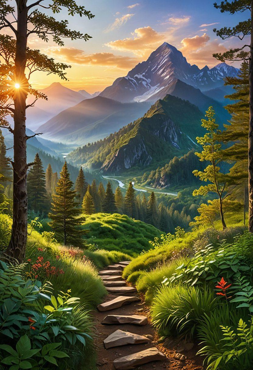 A serene landscape featuring a sunrise over a mountain range symbolizing new beginnings, with a path winding through a lush forest representing transformation. Visual elements like open books and meditative figures, illustrating the concepts of coaching and mindfulness, are integrated into the scene. Bright, uplifting colors to evoke a sense of joy and possibility. super-realistic. vibrant colors.